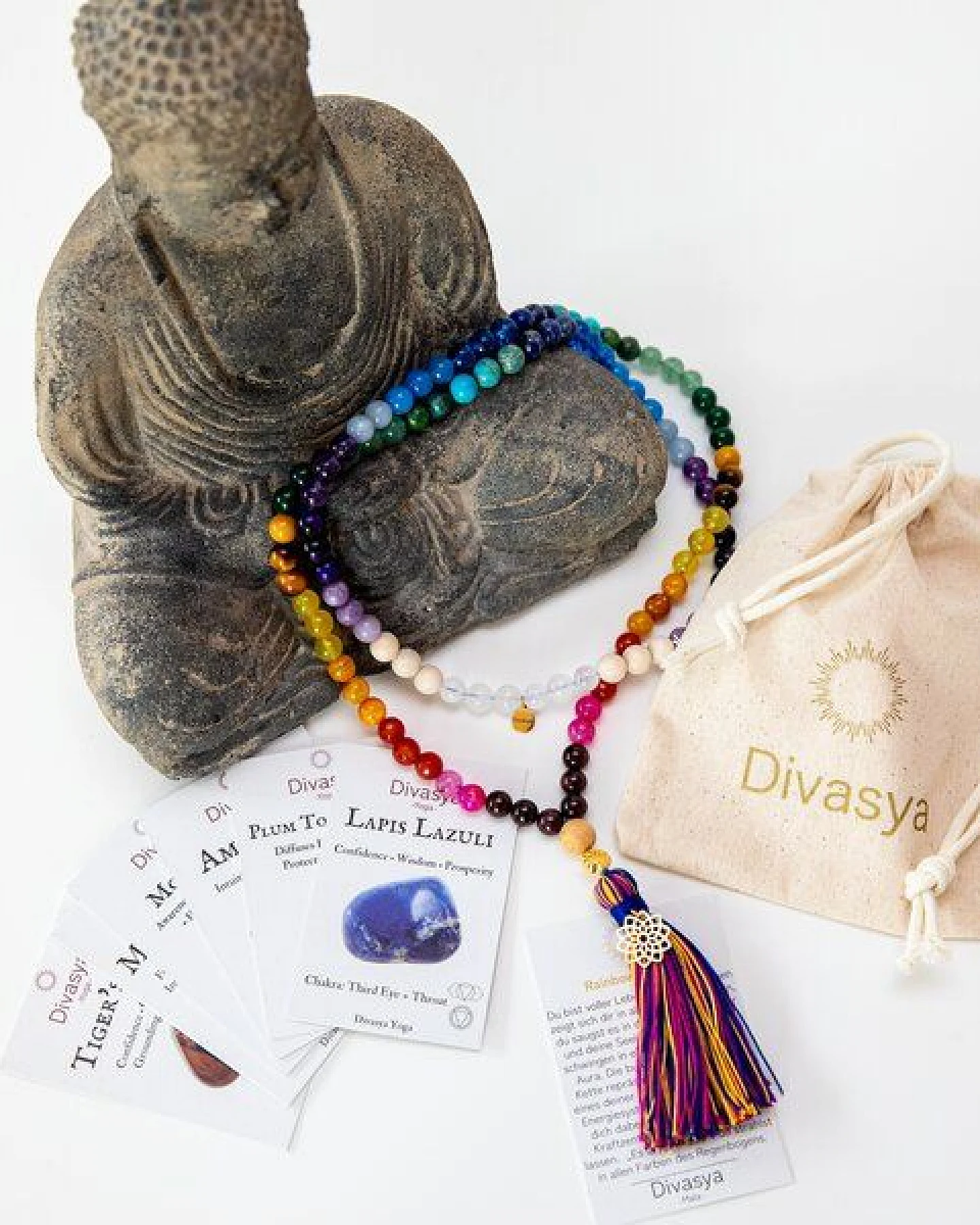 Divasya Mala Kette "Rainbow Chakra" aus 20 verschiedenen, bunten Kristallen – Ansicht 4