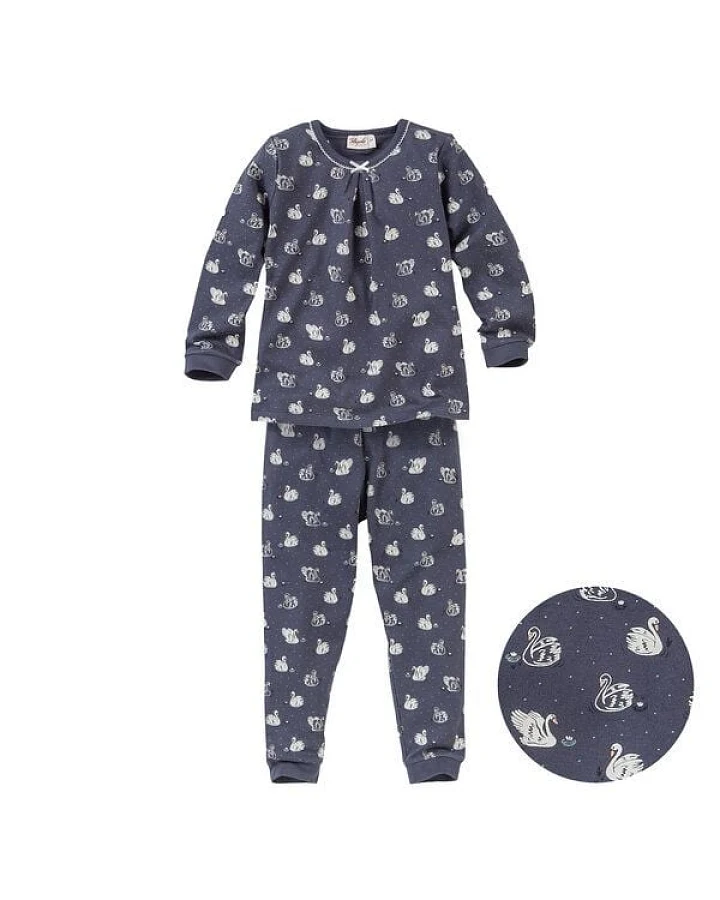 People Wear Organic Pyjama "Schwäne", Langarm-Schlafanzug, dunkelblau/bedruckt, aus 100% Baumwolle (Bio)