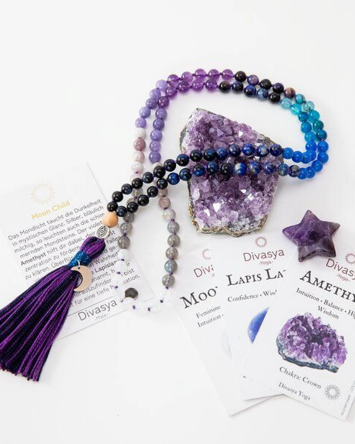 Divasya Mala-Kette "Moon Child" aus Amethyst- Mondstein- Lapislazuli (u.a.) – Ansicht 2