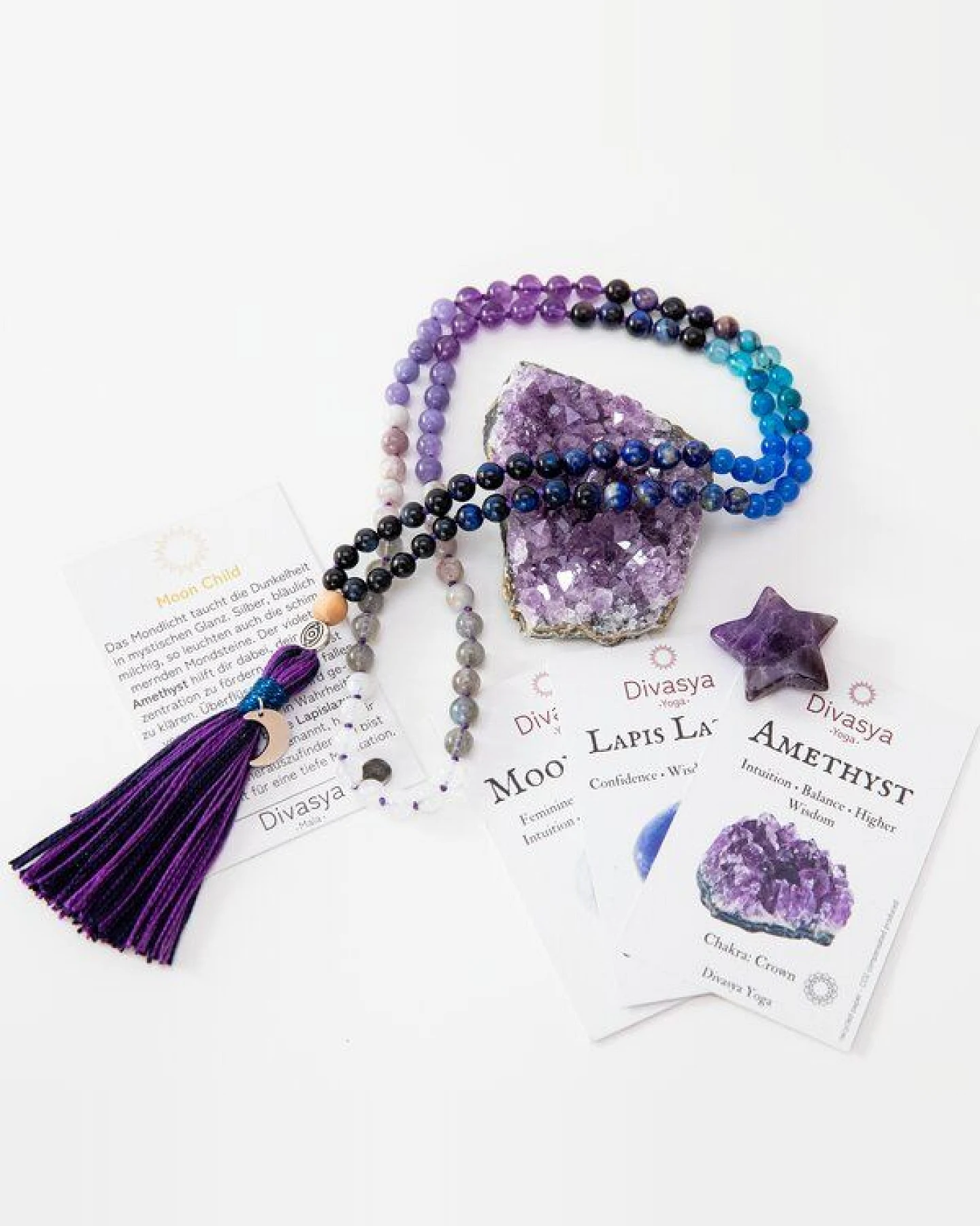 Divasya Mala-Kette "Moon Child" aus Amethyst- Mondstein- Lapislazuli (u.a.) – Ansicht 2