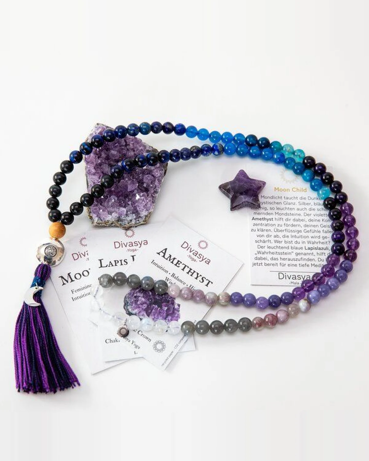 Divasya Mala-Kette "Moon Child" aus Amethyst- Mondstein- Lapislazuli (u.a.) – Ansicht 3