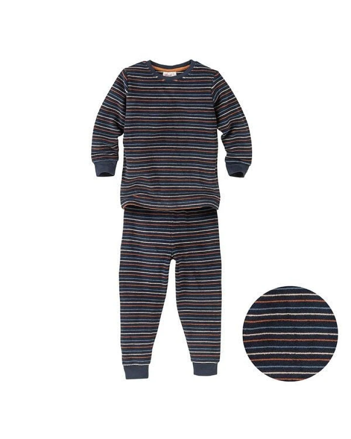 People Wear Organic Pyjama, Langarm Frottée-Schlafanzug, dunkelblau-bunt-geringelt, 100% Baumwolle (Bio)