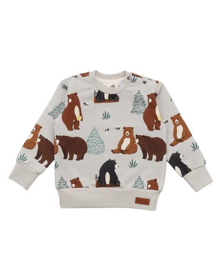 Baby Sweatshirt GOTS zertifiziert, 95% Bio-Baumwolle, beige, Bären-Allover, weich & bequem – Walkiddy