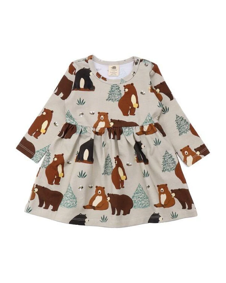 Baby Kleid Langarm GOTS zertifiziert – Beige mit Tiermotiv, weich & bequem