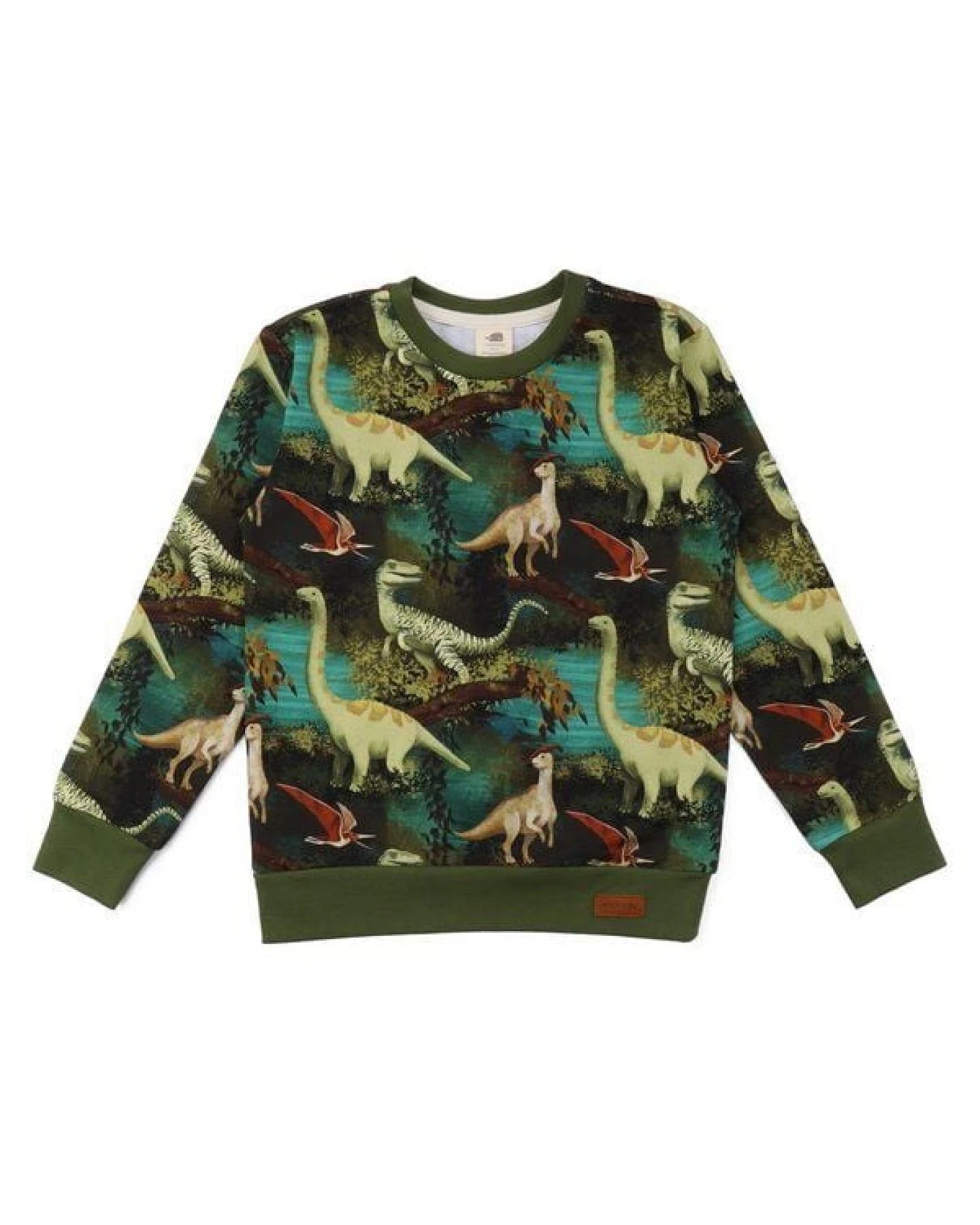 Kinder Sweatshirt GOTS zertifiziert, „Dinosaur Jungle“ Allover, grün, weich & elastisch – Walkiddy – Ansicht 2