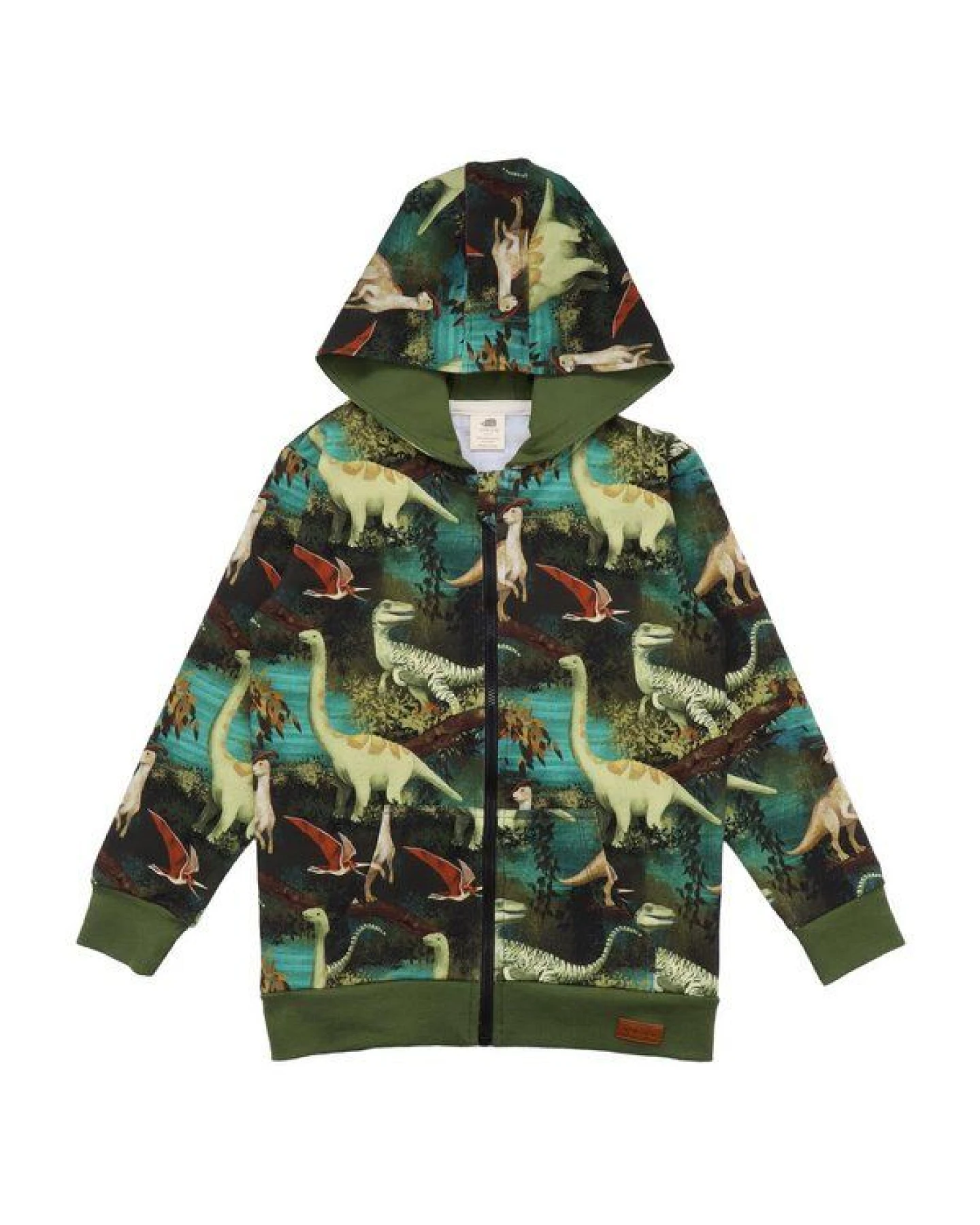 Kinder Sweatjacke GOTS zertifiziert – Grün mit Dinosauriermotiv, Kapuze & Reißverschluss – Ansicht 2