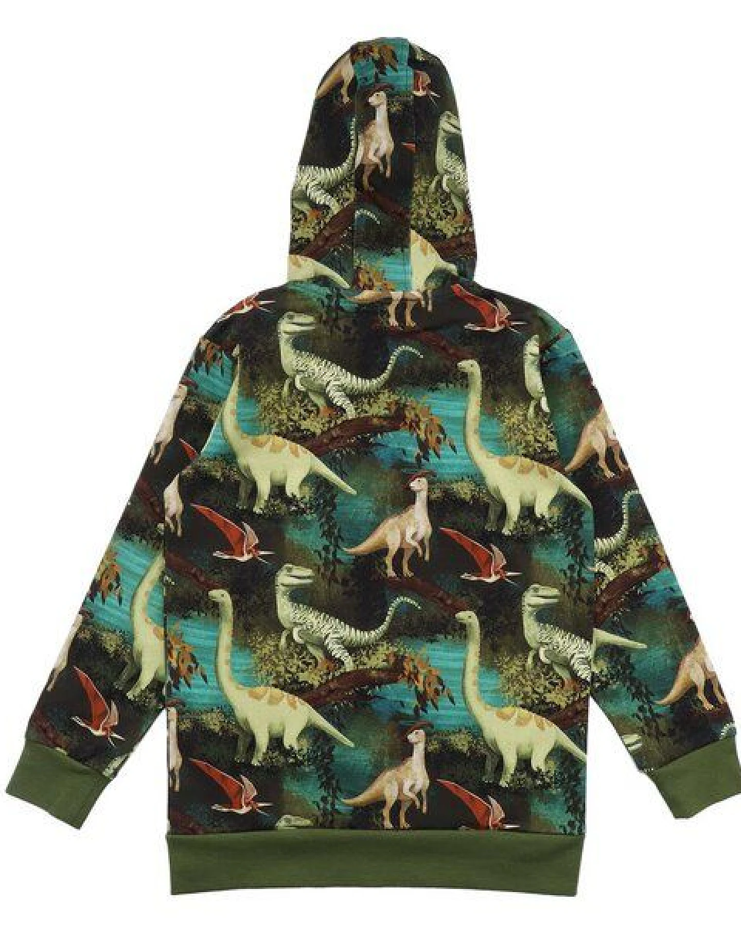 Kinder Sweatjacke GOTS zertifiziert – Grün mit Dinosauriermotiv, Kapuze & Reißverschluss – Ansicht 3