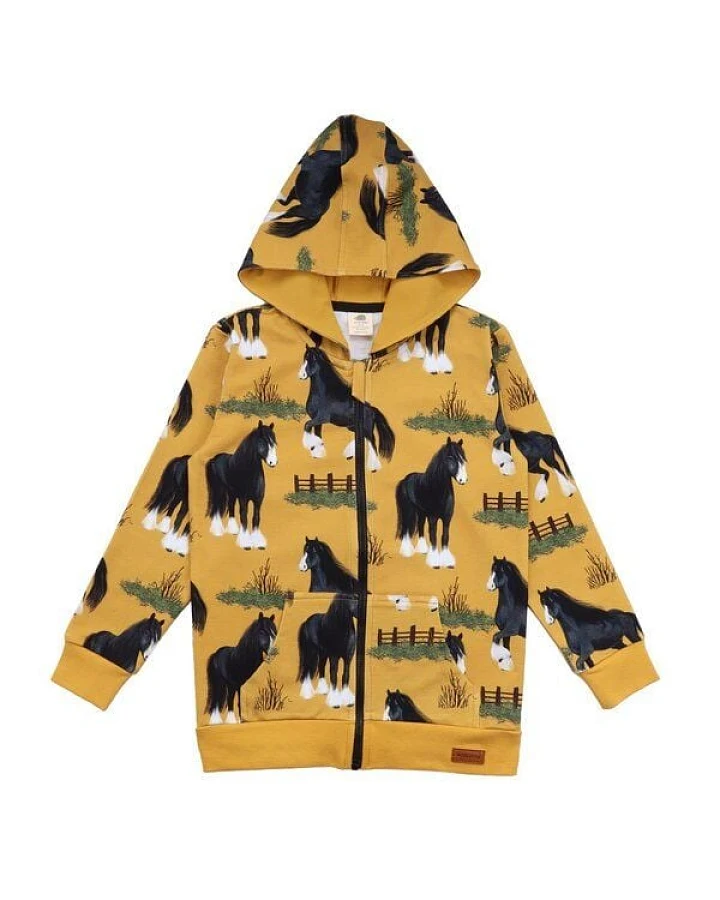 Kinder Kapuzenjacke Bio-Baumwolle GOTS Shire Horses Gelb von Walkiddy, weiche Sweatjacke mit Pferdeprint, durchgehendem Reißverschluss, Kapuze, Taschen, nachhaltig und alltagstauglich