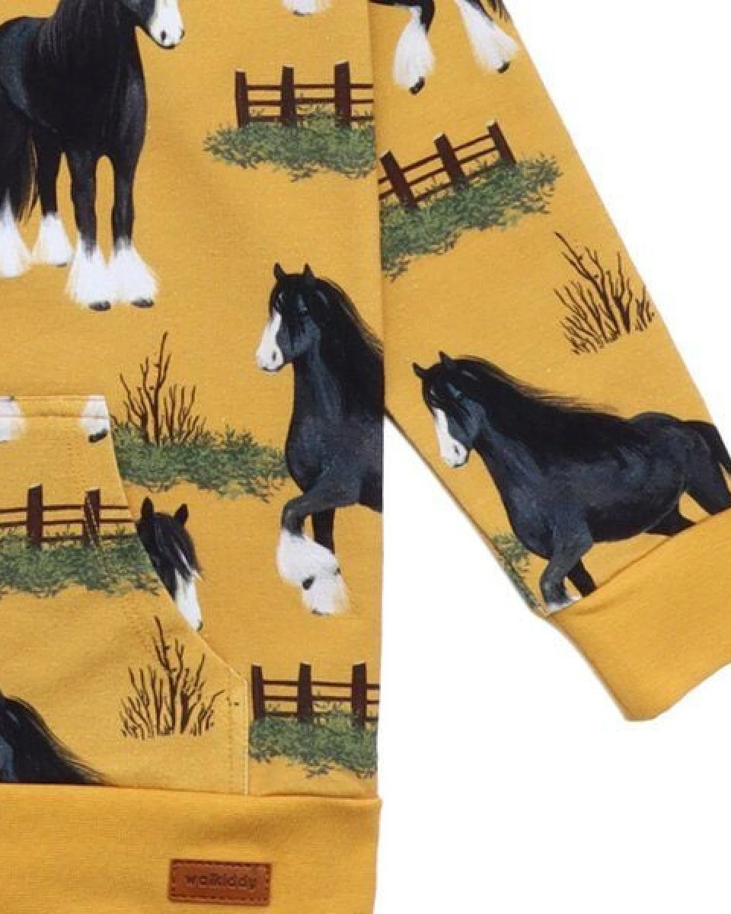 Kinder Kapuzenjacke Bio-Baumwolle GOTS Shire Horses Gelb von Walkiddy, weiche Sweatjacke mit Pferdeprint, durchgehendem Reißverschluss, Kapuze, Taschen, nachhaltig und alltagstauglich – Ansicht 4