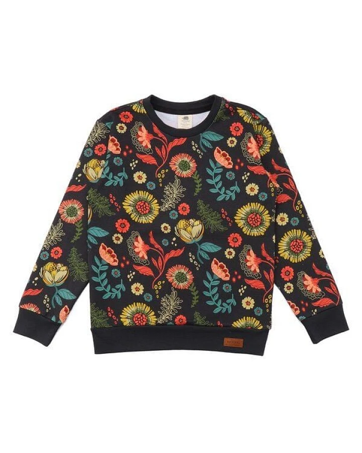 Kinder Sweatshirt GOTS zertifiziert Bio-Baumwolle Anthrazit Blumen-Allover-Print Rundhals – Walkiddy