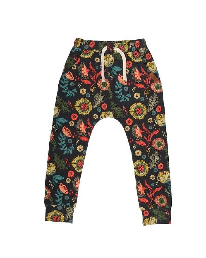 Kinder Jogginghose GOTS zertifiziert – Anthrazit mit Blumenmuster, Bund mit Kordel, weich & bequem