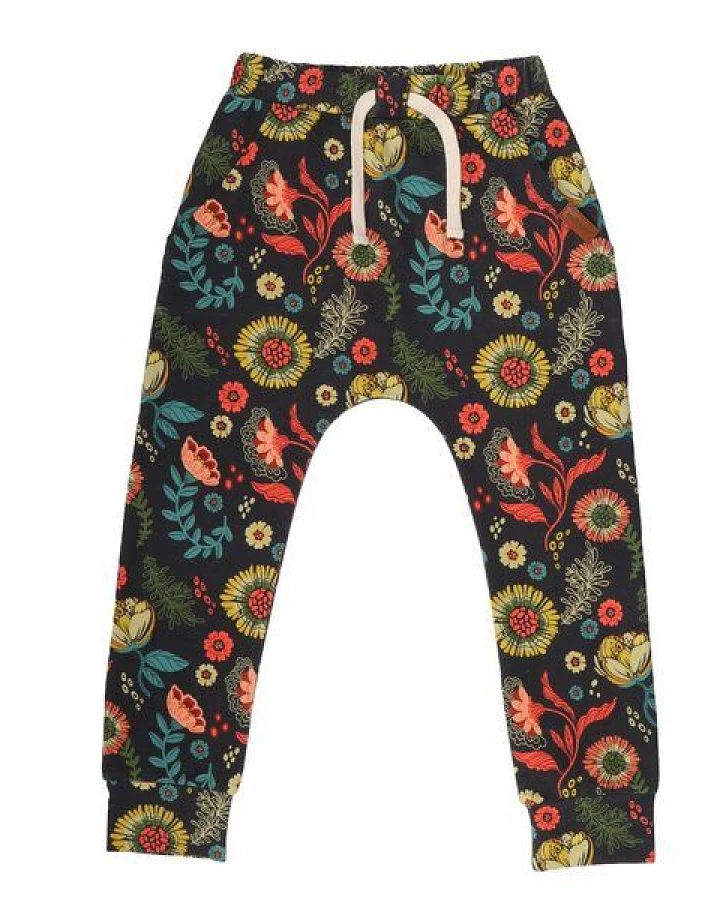 Kinder Jogginghose GOTS zertifiziert – Anthrazit mit Blumenmuster, Bund mit Kordel, weich & bequem