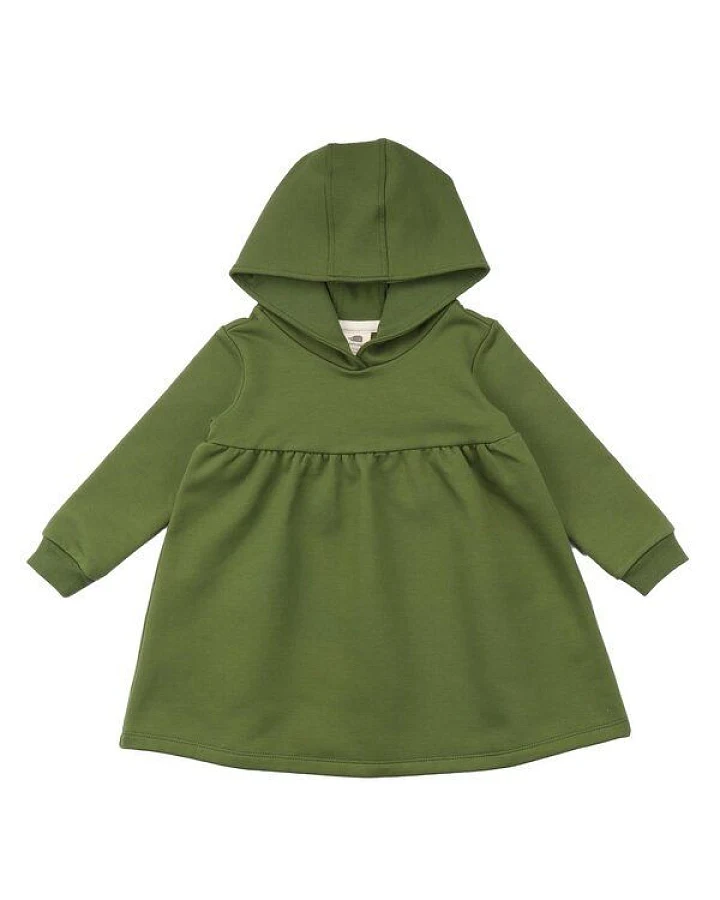 Kinder Kapuzenkleid GOTS zertifiziert, 95% Bio-Baumwolle, grün „Pesto“, Langarm, weich & bequem – Walkiddy