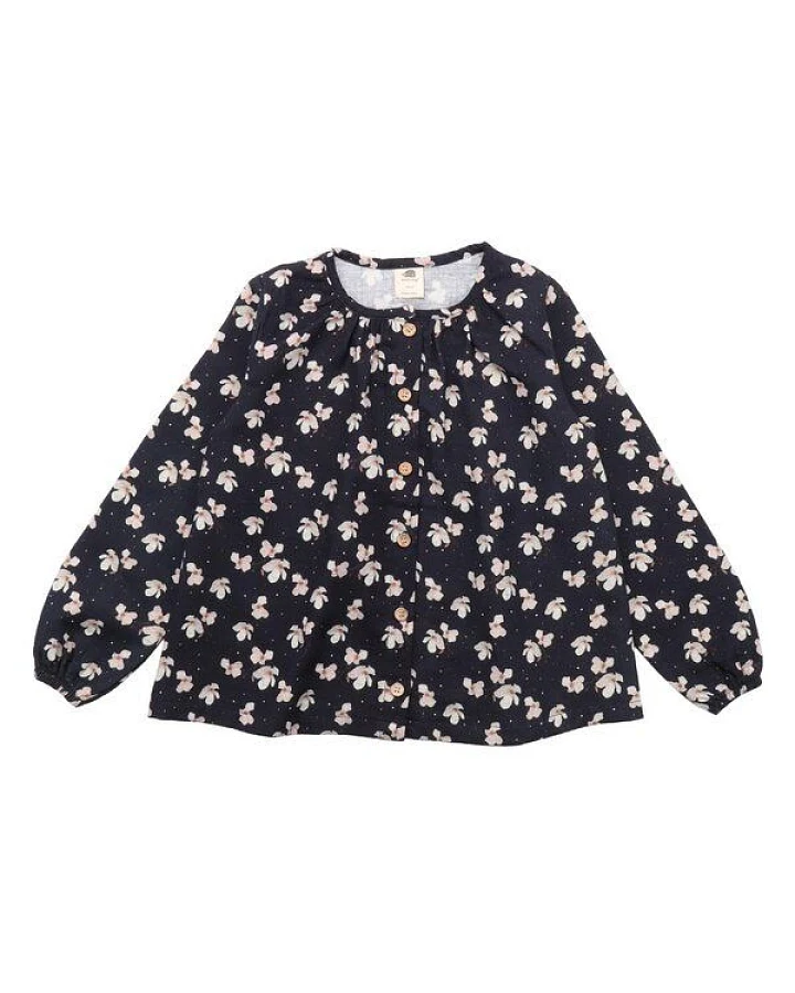 Baby Langarmshirt GOTS zertifiziert – 95% Bio-Baumwolle, Dunkelblau mit Blütenmuster, weich & bequem