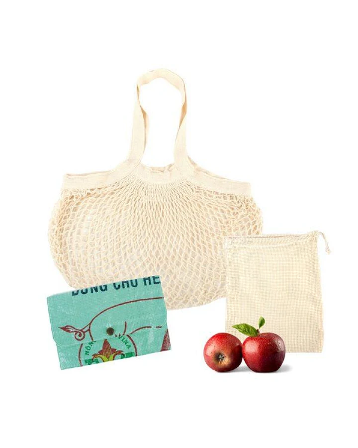 El Puente Zero Waste Shopping Geschenk-Set mit Einkaufsnetz, Gemüsebeutel und einem recyceltem Täschchen aus Reissäcken