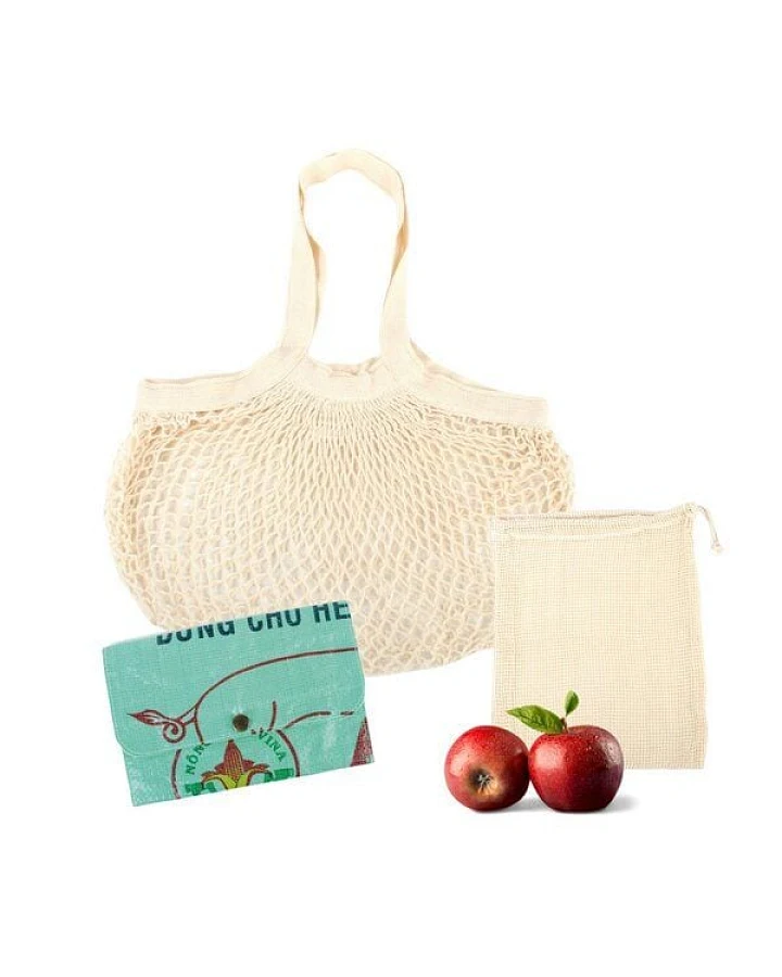 El Puente Zero Waste Shopping Geschenk-Set mit Einkaufsnetz, Gemüsebeutel und einem recyceltem Täschchen aus Reissäcken