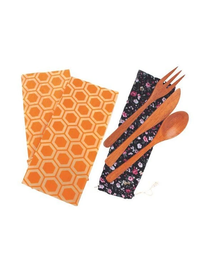 El Puente Zero Waste "To-Go" Geschenk-Set mit Bienenwachstüchern und Holz Besteck