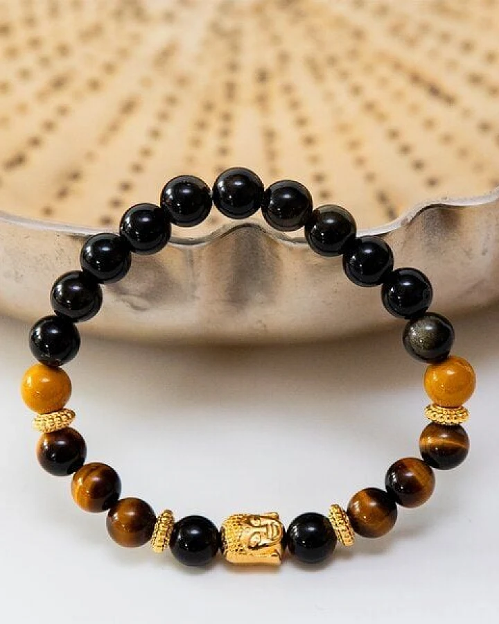 Divasya Armband "Golden Buddha" aus Obsidian, Mookait & Tigerauge