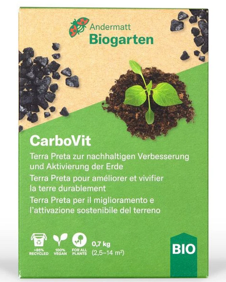 Andermatt Biogarten CarboVit – pflanzlicher Kohlenstoffdünger zur Bodenverbesserung und Humusbildung