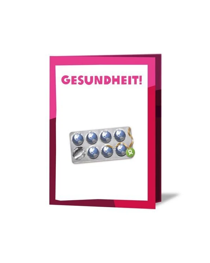 OxfamUnverpackt Spenden-Geschenk "Medikamente" (Grußkarte mit Magnet)