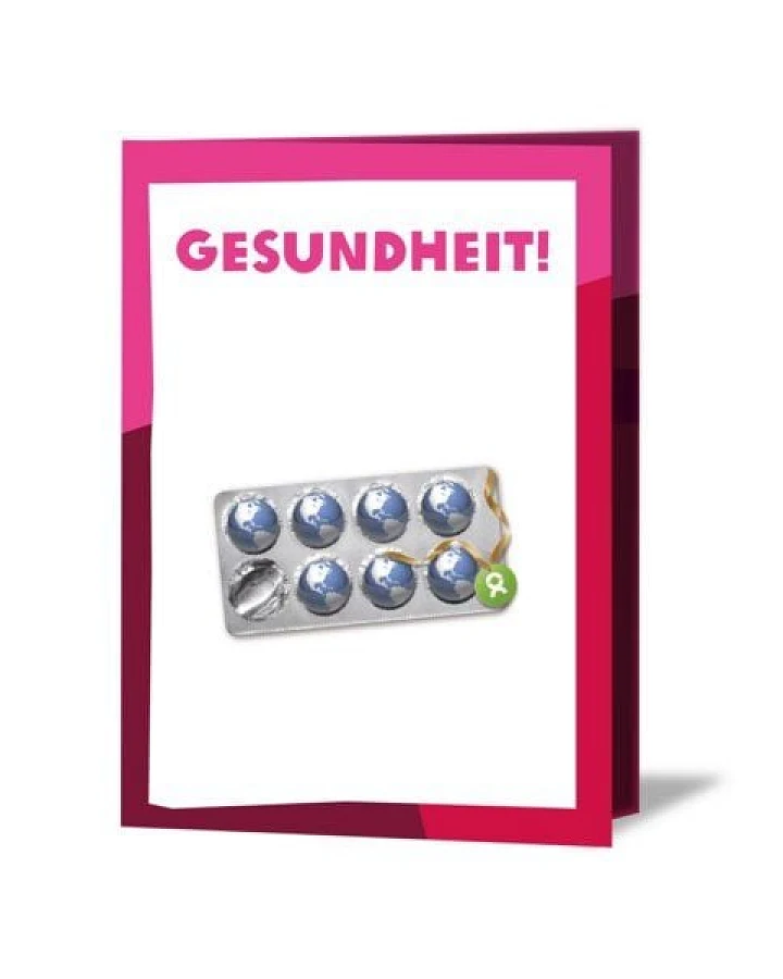 OxfamUnverpackt Spenden-Geschenk "Medikamente" (Grußkarte mit Magnet)