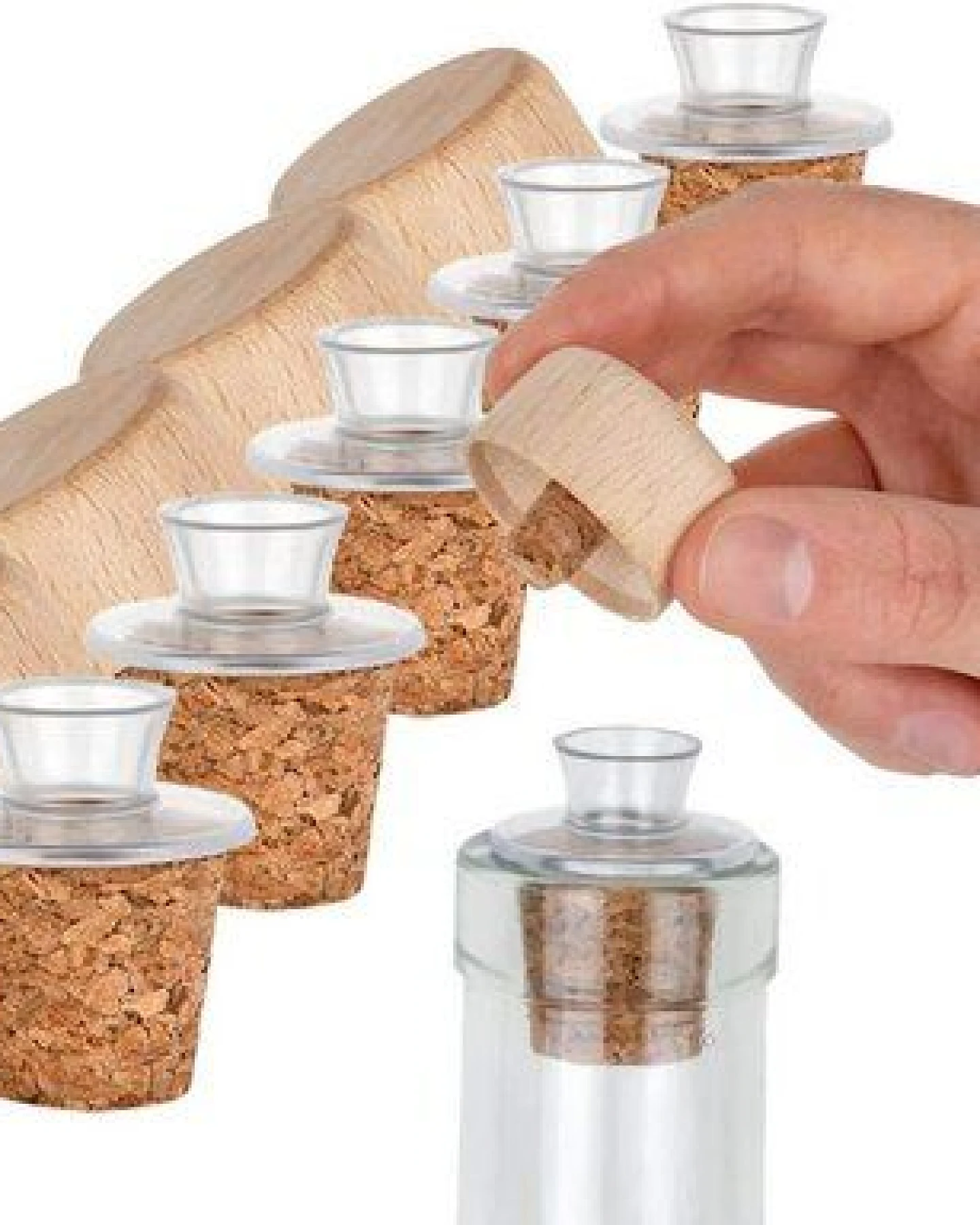 Kork-Deko 5er-Pack Kunststoff-Ausgießer mit Holz-Deckel und Kork-Stopfen – Ansicht 4