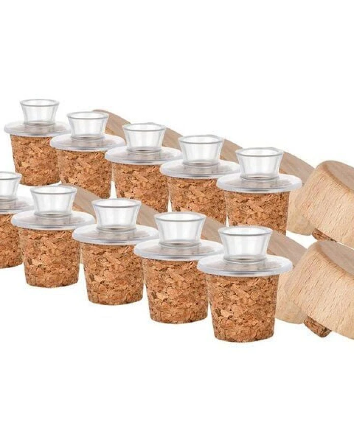 Kork-Deko 10er-Pack Kunststoff-Ausgießer mit Holz-Deckel und Kork-Stopfen