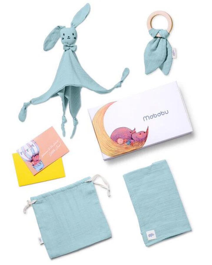 Mababu Geschenk zur Geburt - 100% GOTS Bio Musselin-Baumwolle - Schmusetuch, Beißring, Spucktuch, Tasche - Baby Erstausstattung Neugeborene