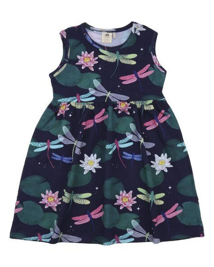 Kinderkleid GOTS zertifiziert Bio-Baumwolle 95/5 Elasthan Dunkelblau Libellen-Print ärmellos bequem – Walkiddy