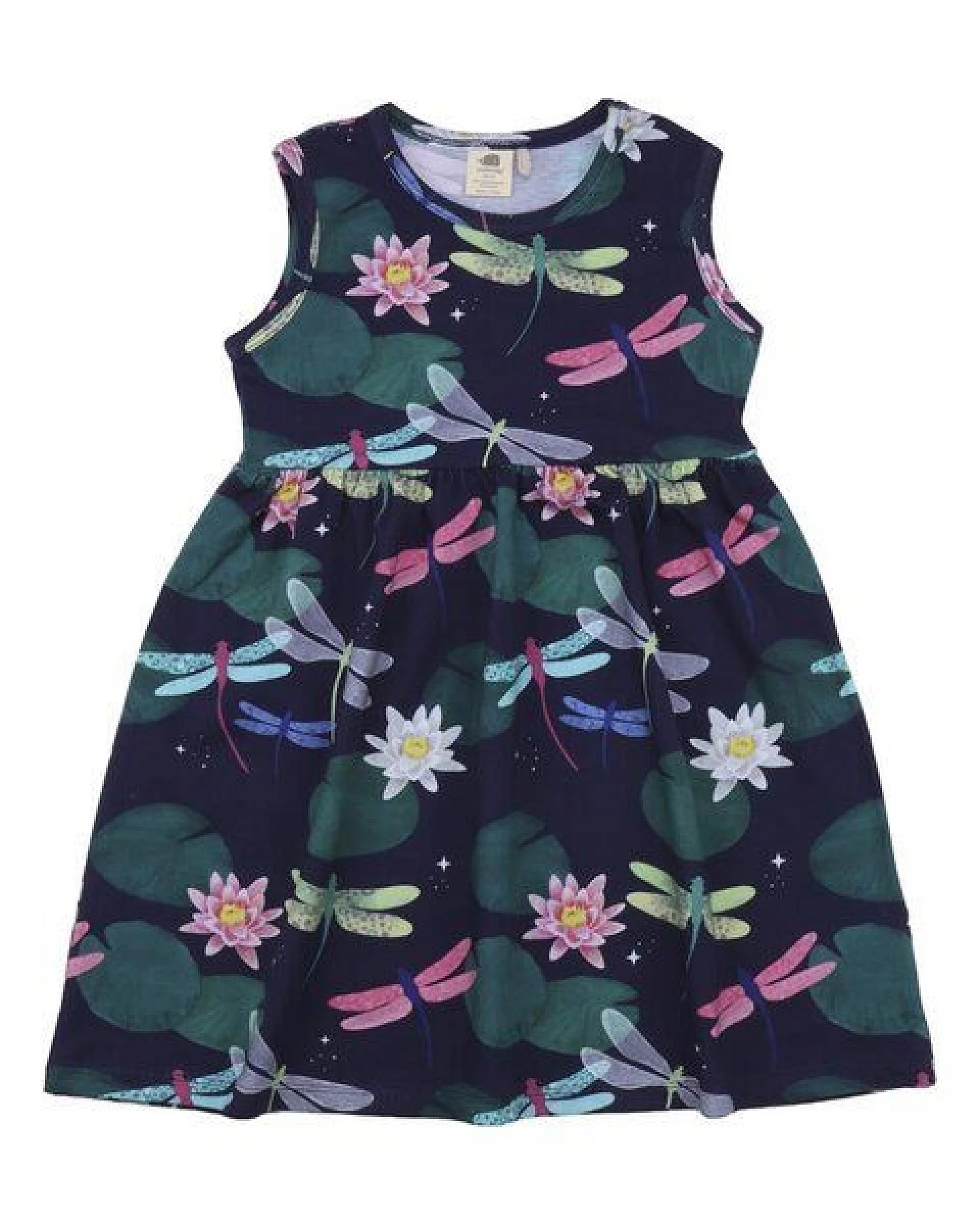 Kinderkleid GOTS zertifiziert Bio-Baumwolle 95/5 Elasthan Dunkelblau Libellen-Print ärmellos bequem – Walkiddy – Ansicht 2