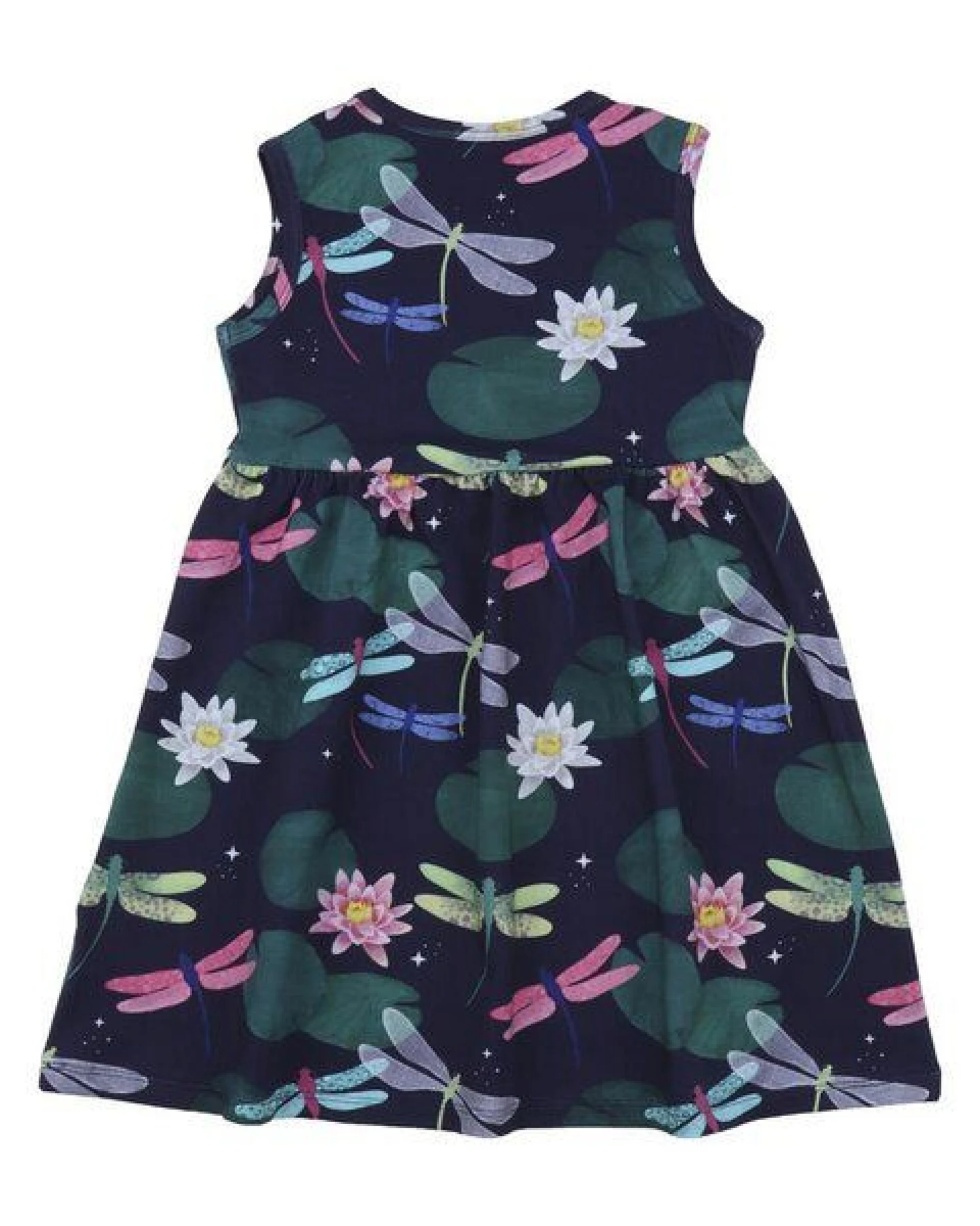 Kinderkleid GOTS zertifiziert Bio-Baumwolle 95/5 Elasthan Dunkelblau Libellen-Print ärmellos bequem – Walkiddy – Ansicht 3