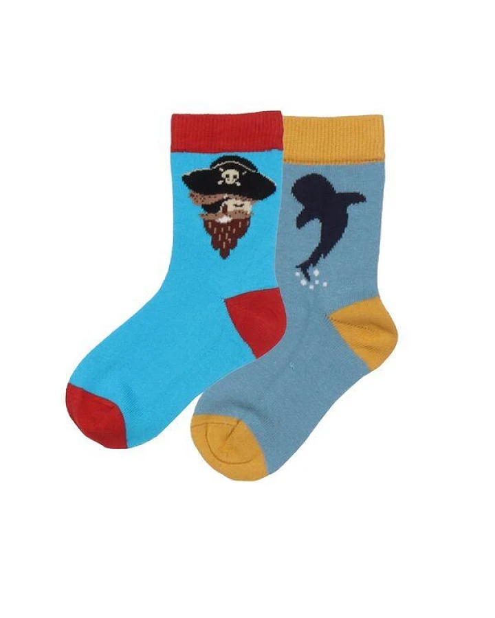 Baby Socken Bio-Baumwolle GOTS "Pirate Ships & Whales" dunkelblau – vegane, weiche Walkiddy Socken mit maritimem Motiv für empfindliche Babyfüße und nachhaltige Erstausstattung