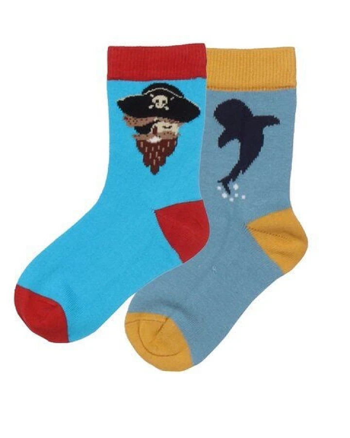 Baby Socken Bio-Baumwolle GOTS "Pirate Ships & Whales" dunkelblau – vegane, weiche Walkiddy Socken mit maritimem Motiv für empfindliche Babyfüße und nachhaltige Erstausstattung