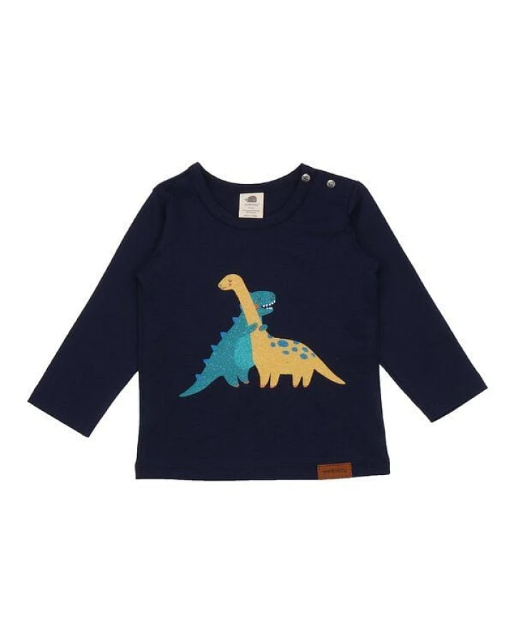 Baby Langarmshirt GOTS zertifiziert, 95% Bio-Baumwolle, dunkelblau, Dino-Print, weich & elastisch – Walkiddy