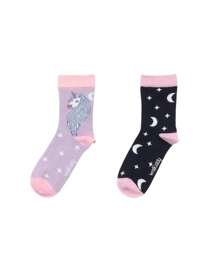 Kinder Socken Bio-Baumwolle Walkiddy „Unicornland“ Lila, GOTS zertifiziert, weiche Strümpfe mit Einhornmotiv, hautfreundlich, elastisch, perfekte Mädchen- und Kindersocken für Alltag, Kita, Schule und als märchenhaftes Geschenk