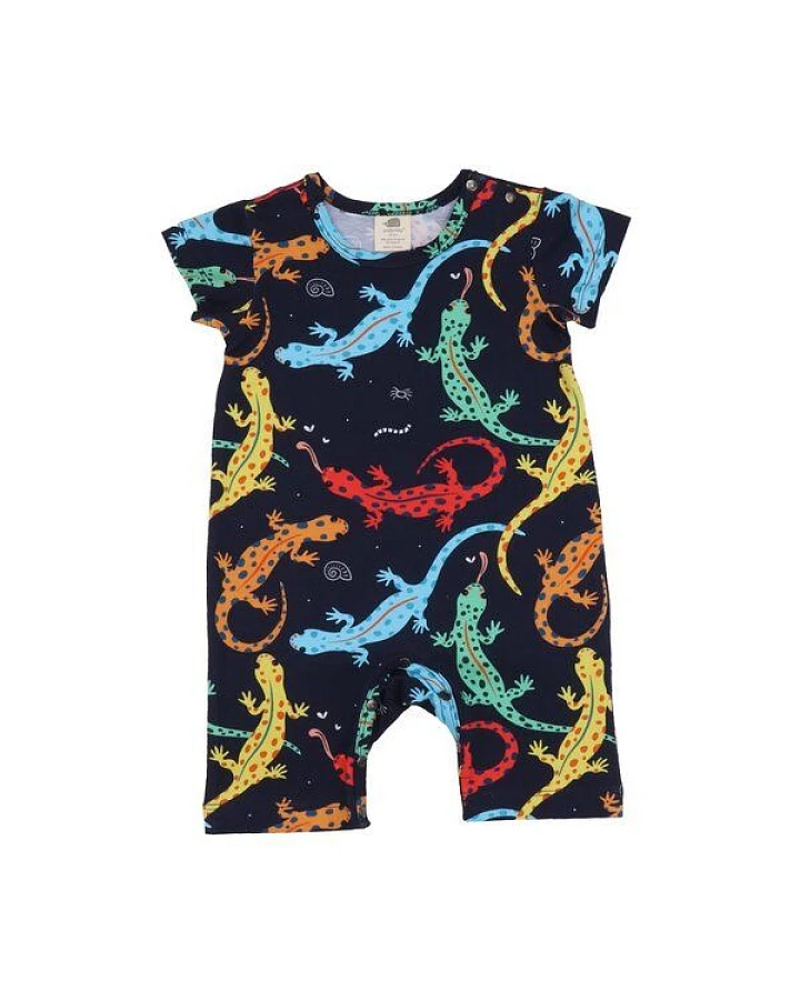 Baby Strampler GOTS zertifiziert, dunkelblau, Salamander-Allover „Colorful Salamanders“, Kurzarm – Walkiddy