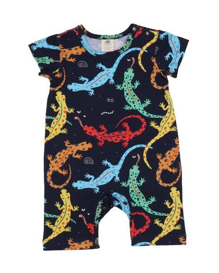 Baby Strampler GOTS zertifiziert, dunkelblau, Salamander-Allover „Colorful Salamanders“, Kurzarm – Walkiddy