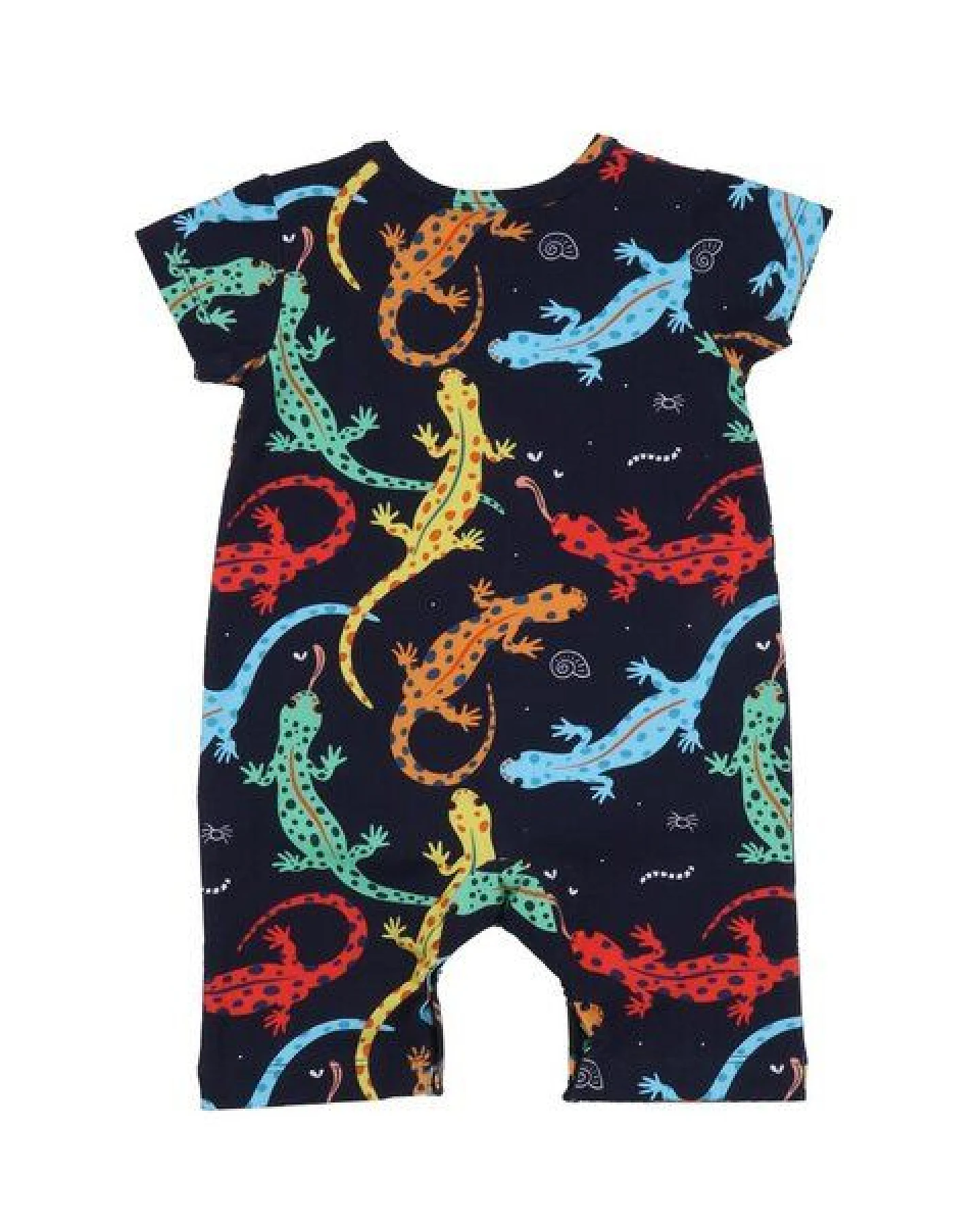 Baby Strampler GOTS zertifiziert, dunkelblau, Salamander-Allover „Colorful Salamanders“, Kurzarm – Walkiddy – Ansicht 3