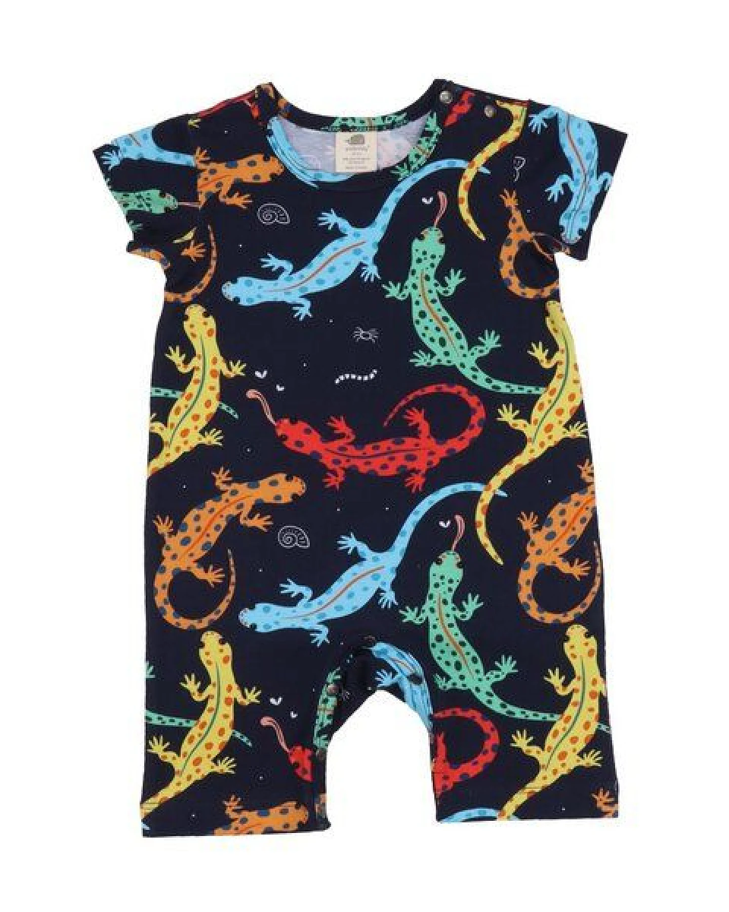Baby Strampler GOTS zertifiziert, dunkelblau, Salamander-Allover „Colorful Salamanders“, Kurzarm – Walkiddy – Ansicht 2