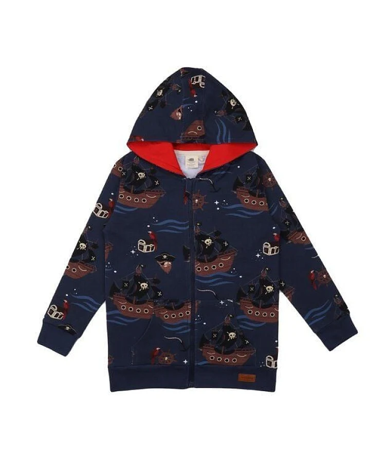 Kinder Sweatjacke GOTS zertifiziert Bio-Baumwolle Dunkelblau Kapuze Allover-Print „Pirate Ships“ – Walkiddy