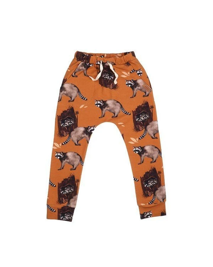 Kinder Jogginghose GOTS zertifiziert Bio-Baumwolle Braun Allover-Print „Curious Raccoons“ elastischer Bund – Walkiddy