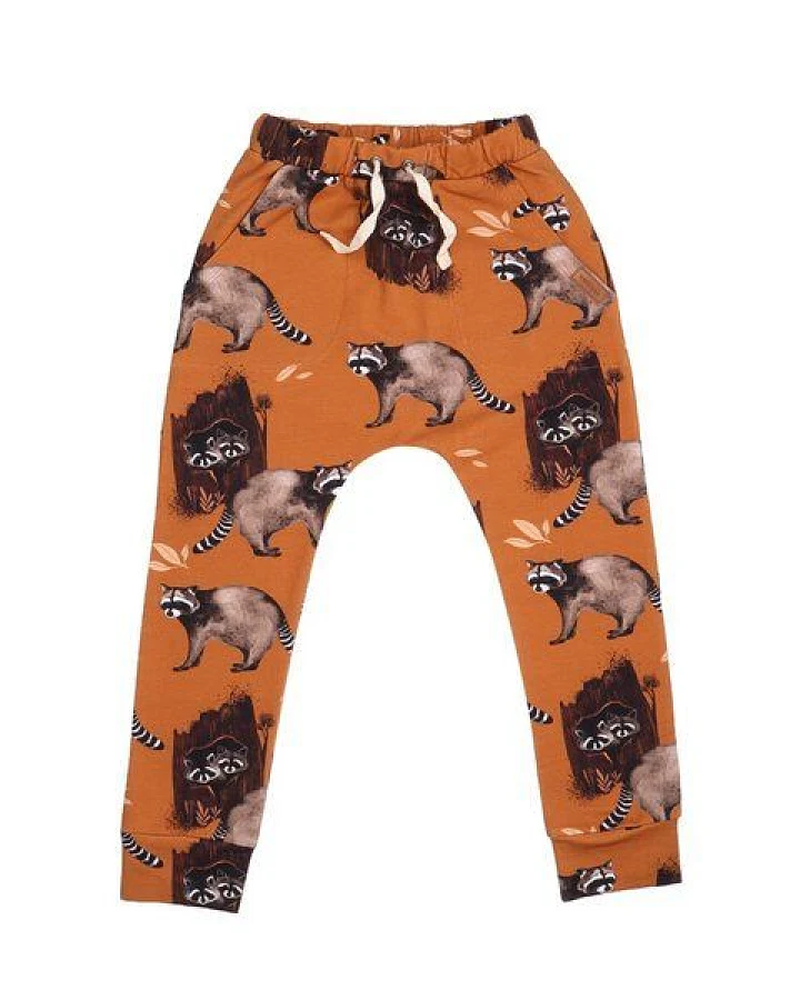 Kinder Jogginghose GOTS zertifiziert Bio-Baumwolle Braun Allover-Print „Curious Raccoons“ elastischer Bund – Walkiddy
