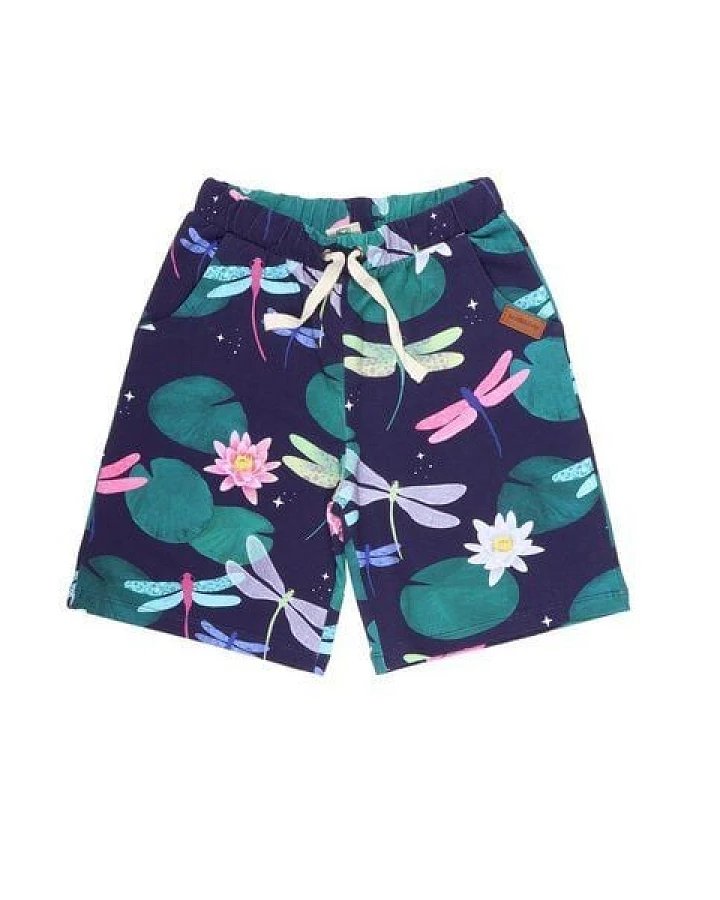 Kinder Shorts GOTS zertifiziert, dunkelblau, „Colorful Dragonflies“ Allover, Kordelbund, weich – Walkiddy