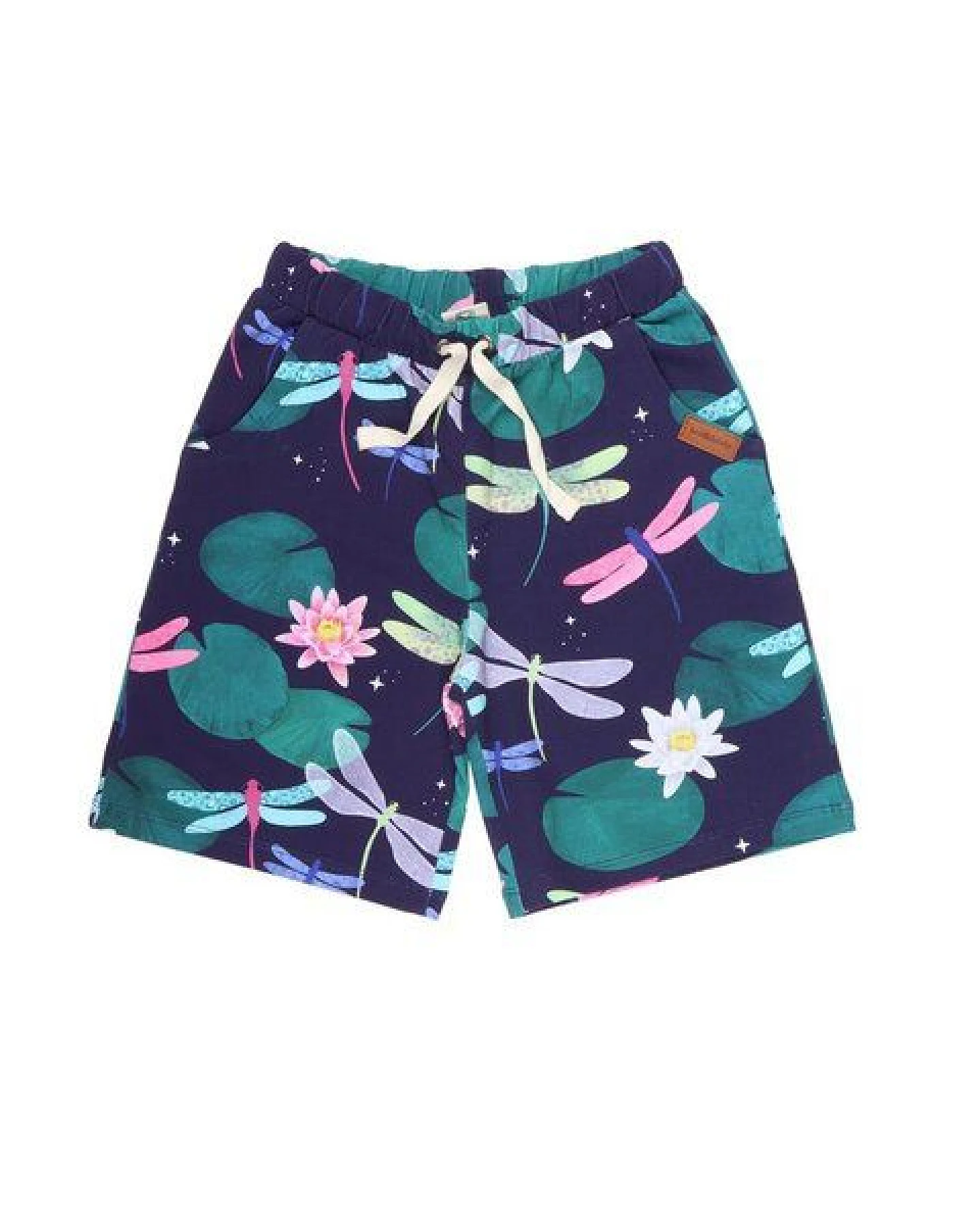 Kinder Shorts GOTS zertifiziert, dunkelblau, „Colorful Dragonflies“ Allover, Kordelbund, weich – Walkiddy – Ansicht 2