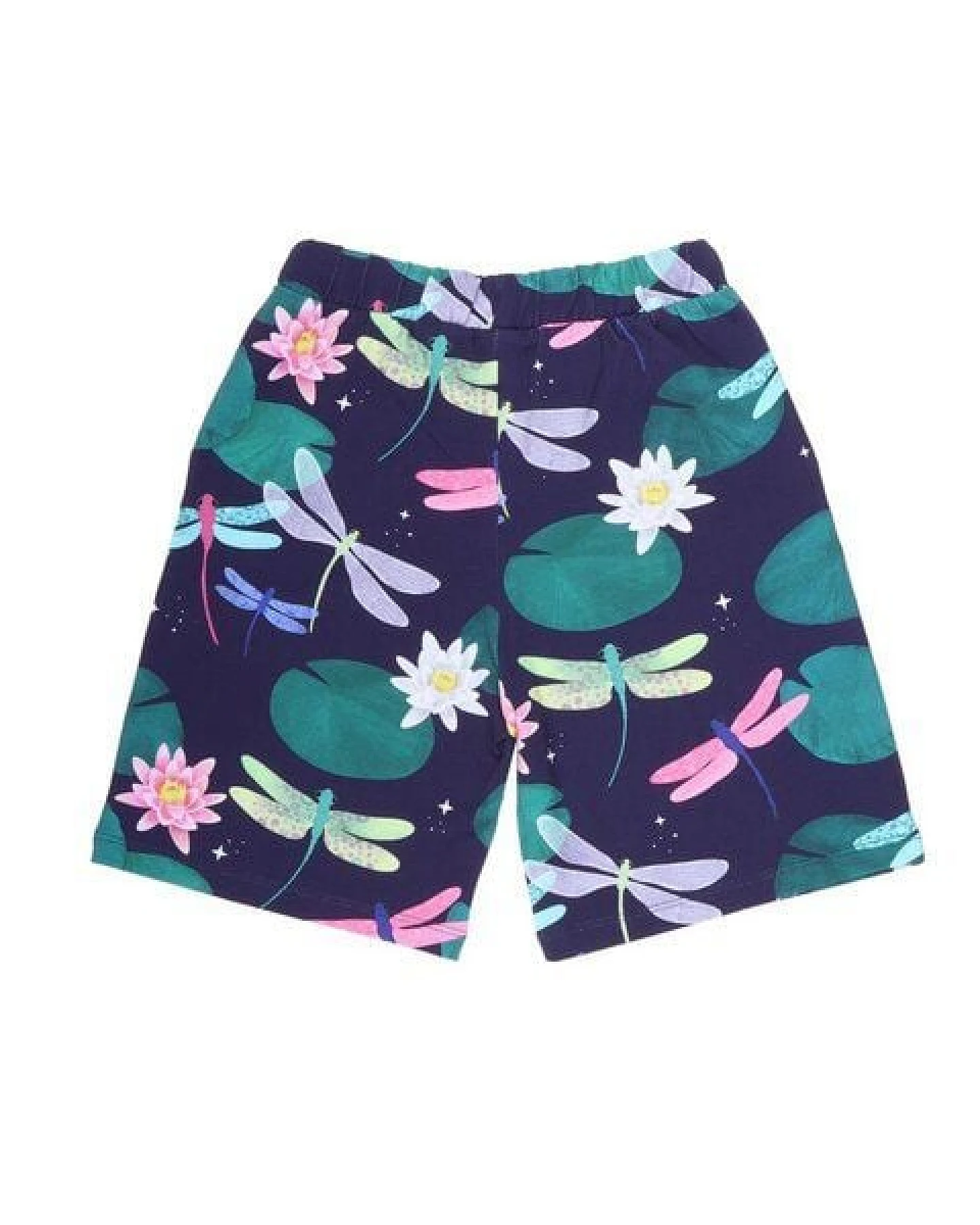 Kinder Shorts GOTS zertifiziert, dunkelblau, „Colorful Dragonflies“ Allover, Kordelbund, weich – Walkiddy – Ansicht 3