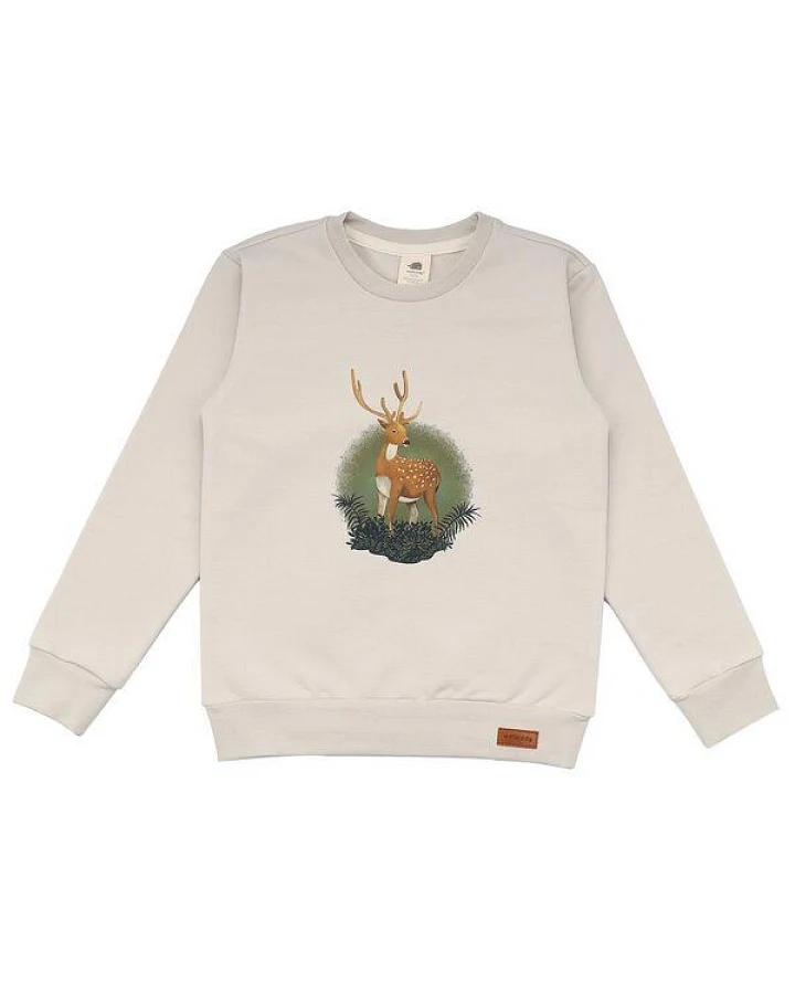 Kinder Sweatshirt GOTS zertifiziert Bio-Baumwolle Beige Hirschmotiv Rundhals bequem – Walkiddy