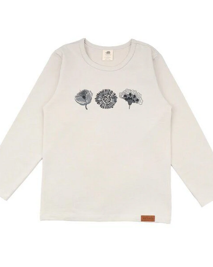 Kinder Langarmshirt GOTS zertifiziert, Bio-Baumwolle, beige, „Cheerful Flowers“, weich & bequem – Walkiddy