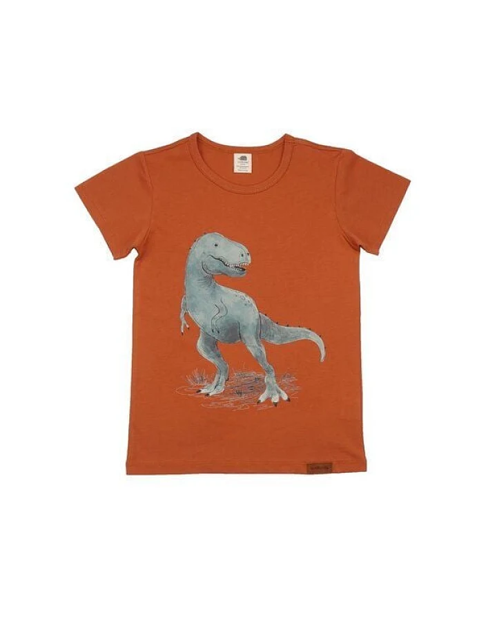 Baby T-Shirt GOTS zertifiziert Bio-Baumwolle 95/5 Elasthan Braun Dino-Print „Dinosaurland“ weich – Walkiddy