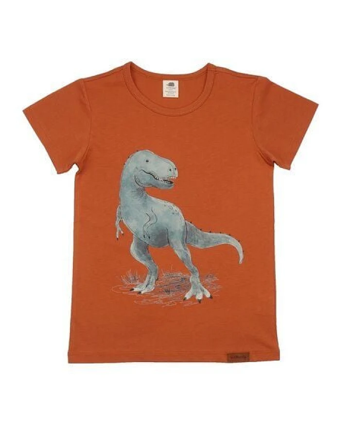 Baby T-Shirt GOTS zertifiziert Bio-Baumwolle 95/5 Elasthan Braun Dino-Print „Dinosaurland“ weich – Walkiddy