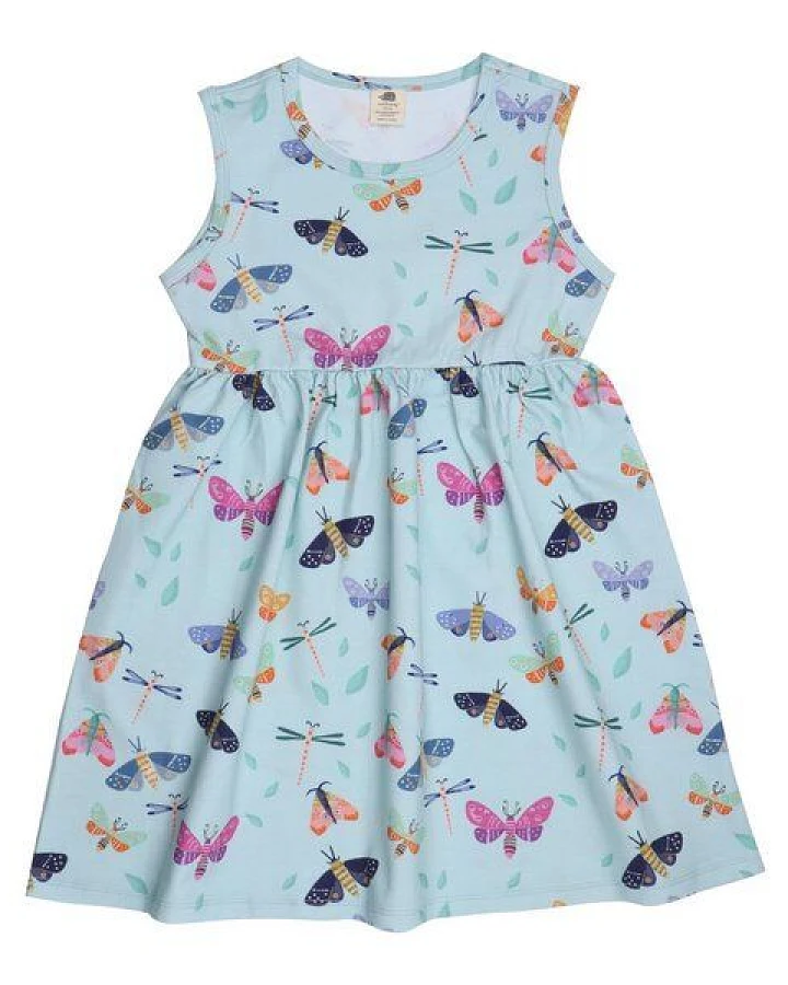 Kinderkleid GOTS zertifiziert, hellblau, Schmetterlings-Allover, Kurzarm, weich – Walkiddy